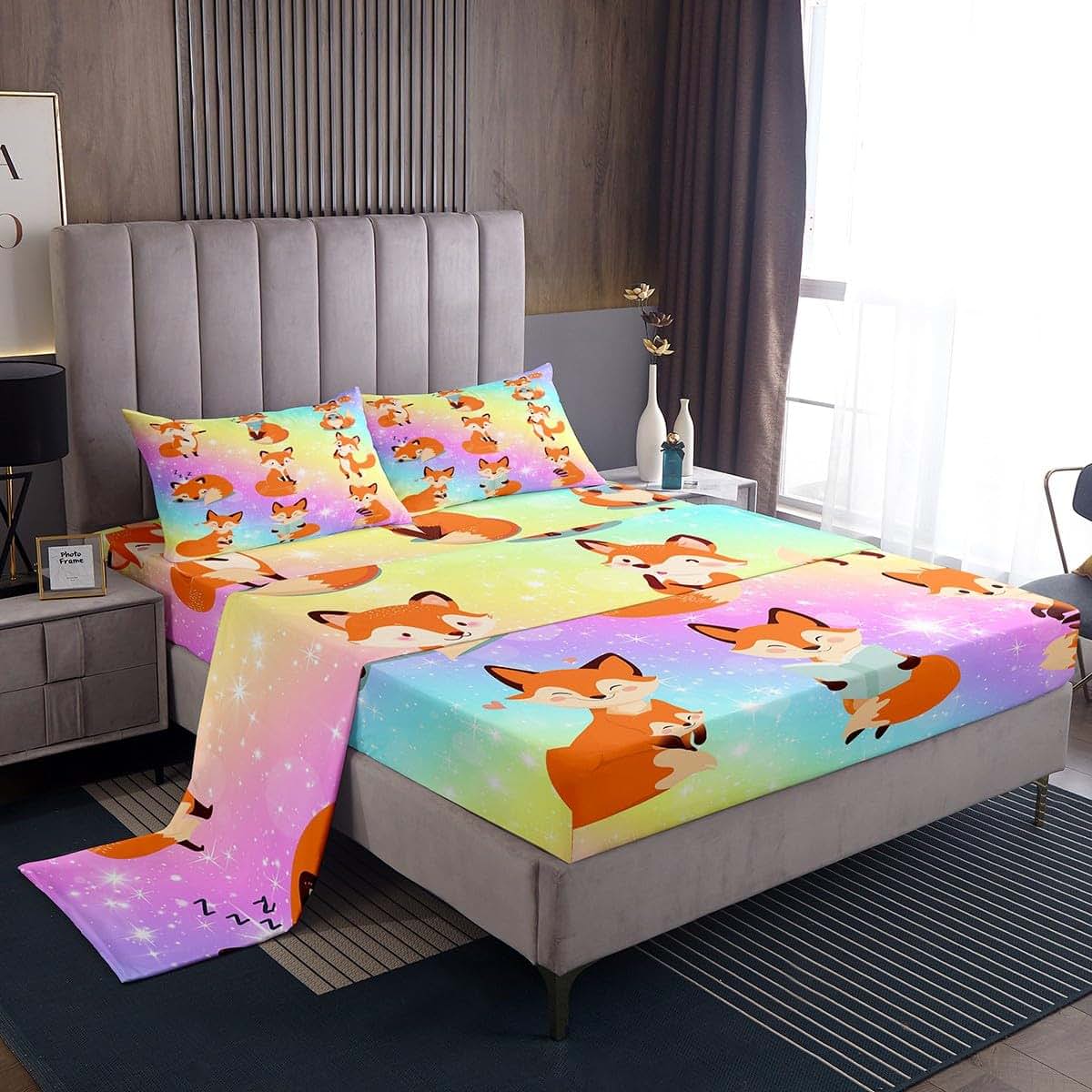 Erosebridal Kids Fox Bed Sheets Cartoon Animal Print 4-Piece King Size Sheet Set