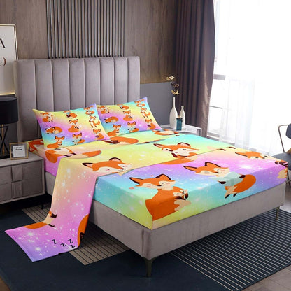 Erosebridal Kids Fox Bed Sheets Cartoon Animal Print 4-Piece King Size Sheet Set
