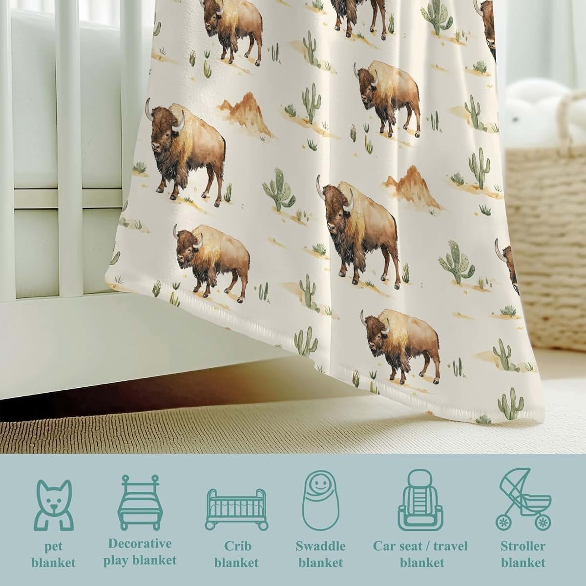 Wicbfdfv Vintage Western Buffalo Cactus Flannel Baby Blanket (photo 4)