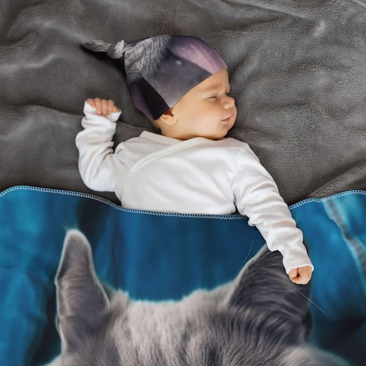 LHDGBNV Blue Cat Swaddle Blanket And Beanie Hat Set