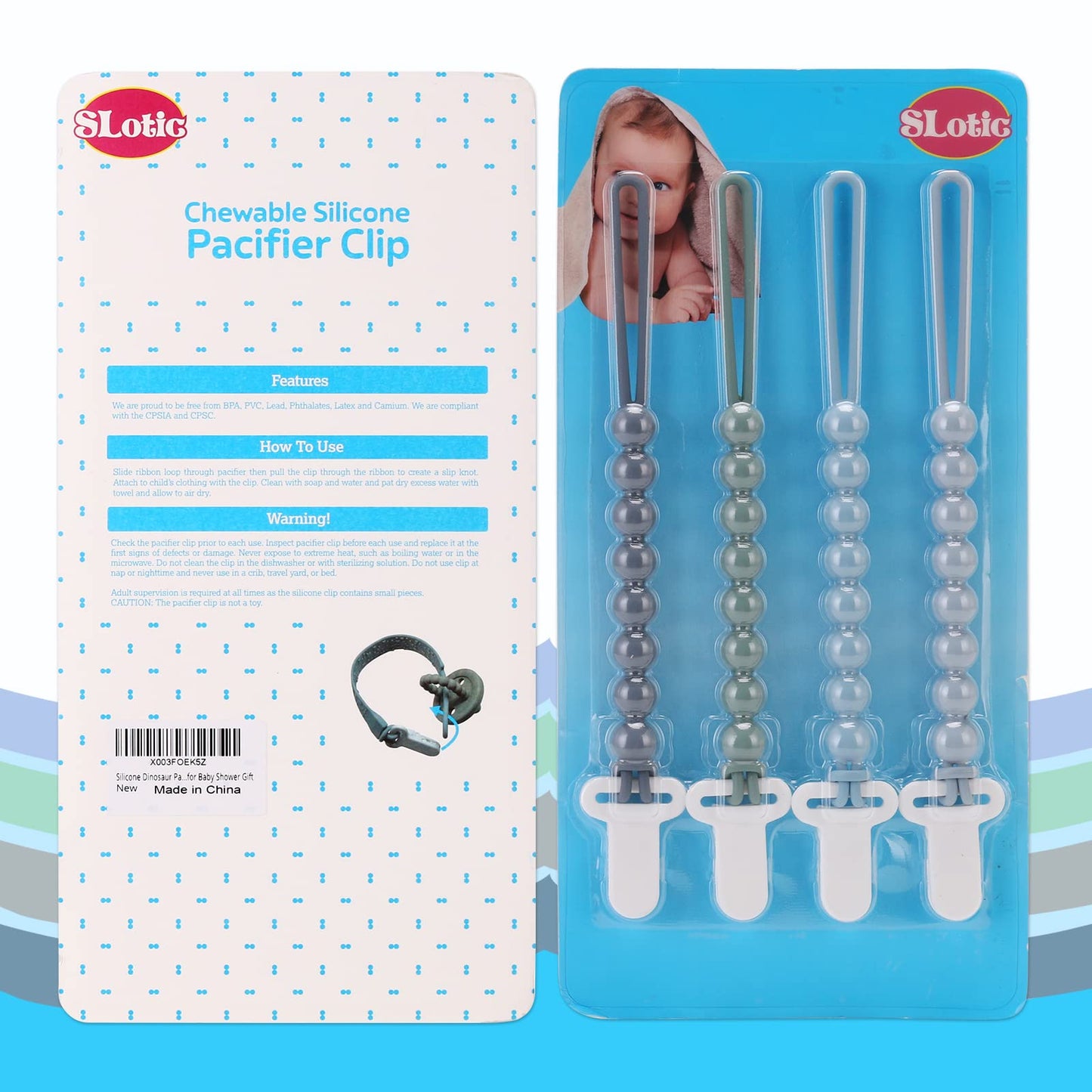 Silicone Pacifier Clip 4-Pack with One-Piece Beads - Grey