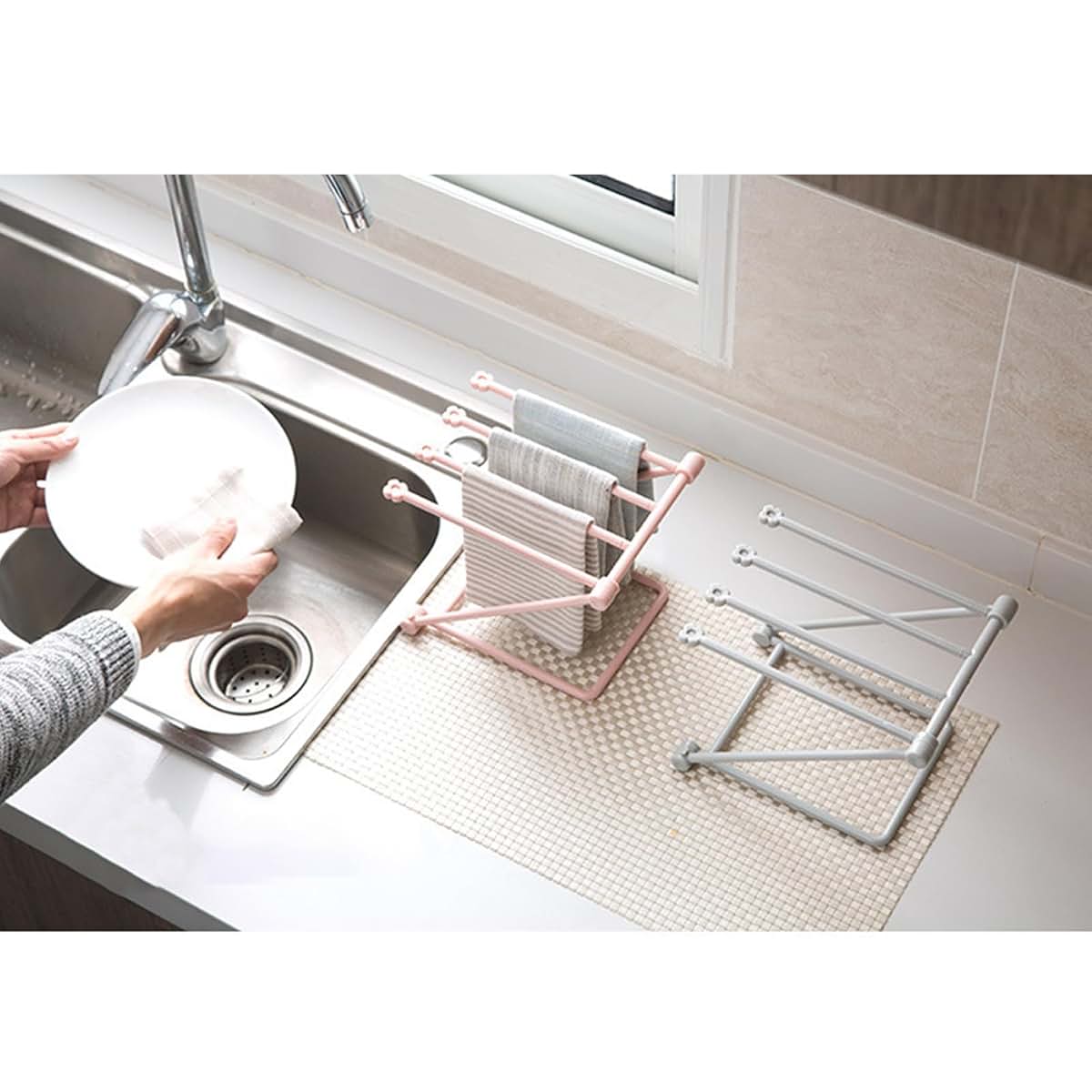 SUNGOOYUE Clothes Drying Rack, PP Folding Towel Drying Rack with Vertical Washcloth Holder, Portable Dish Cloth Storage