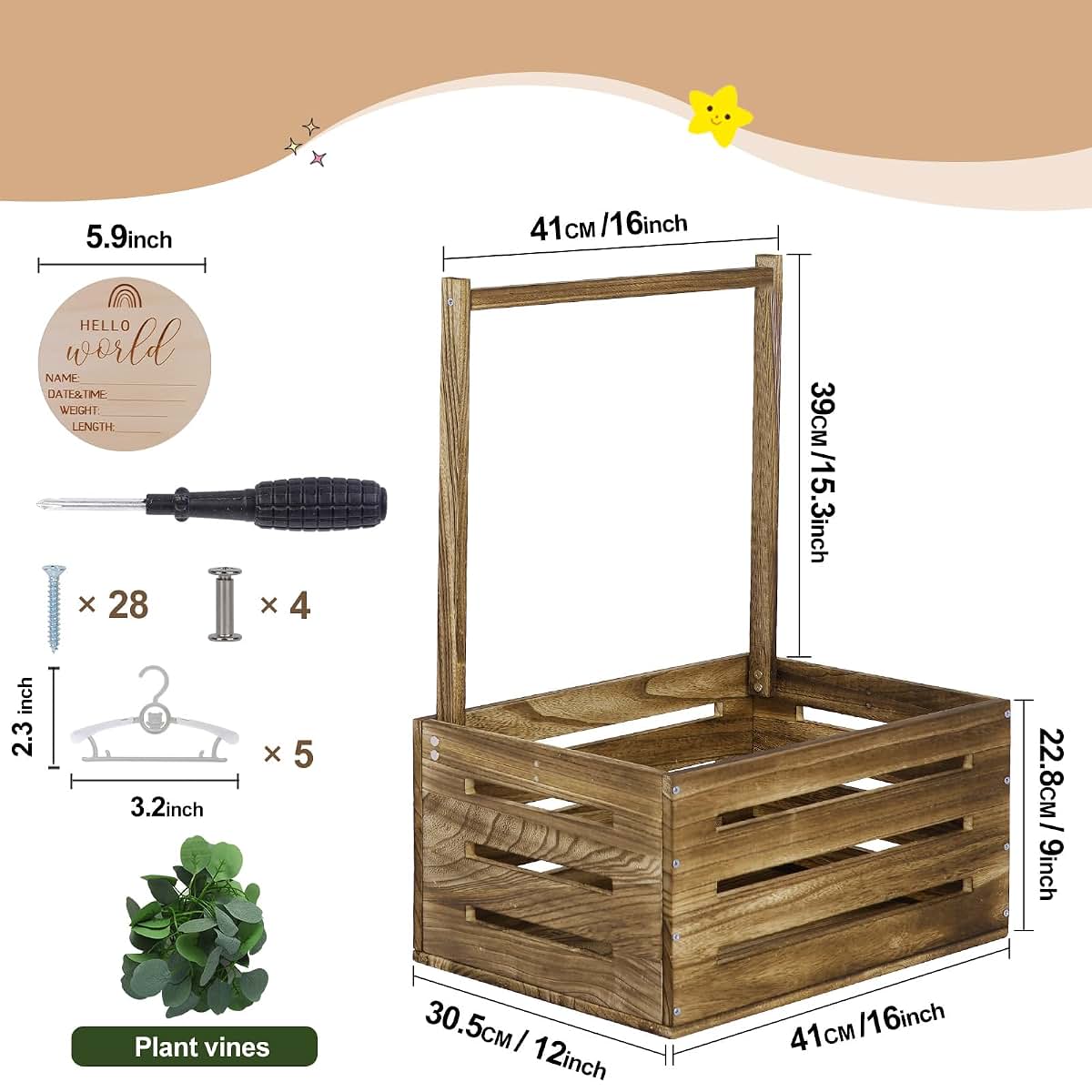 Snpwne Wooden Baby Shower Crate Basket with Handle, Personalized Newborn Gift