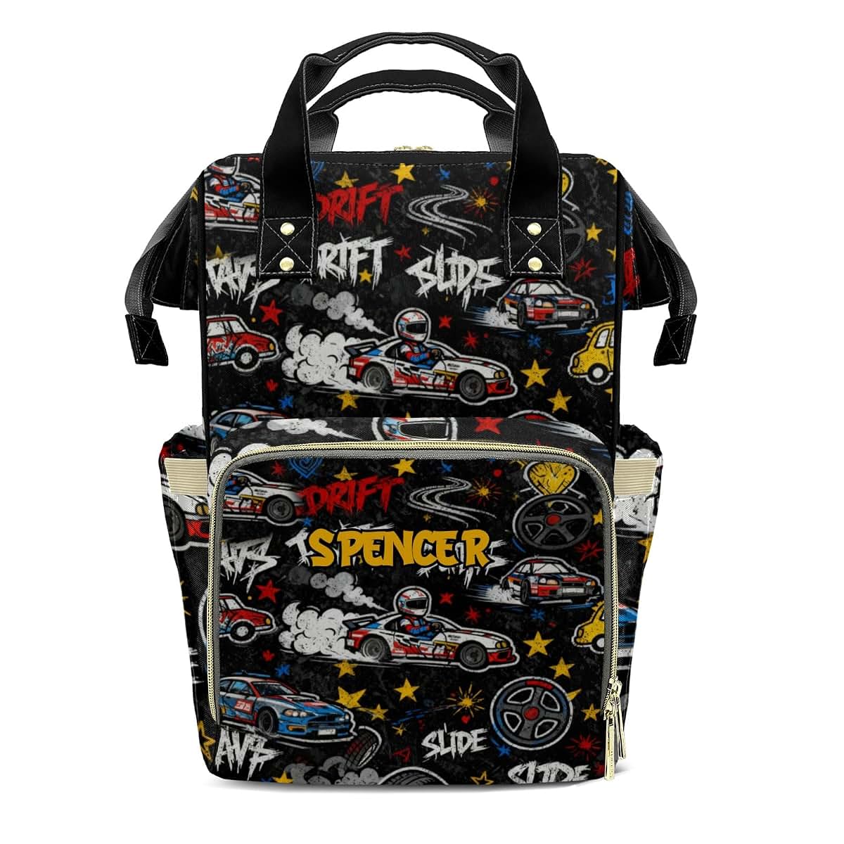 YallLocoMo Personalized Diaper Bag Backpack Gift Race Cars Star Ultimate Nappy Bag: Spacious, Waterproof & Perfect for