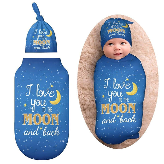 Qiohoey I Love You to The Moon and Back Newborn Baby Swaddle Blanket with Beanie Hat Baby Receiving Blanket Gifts for