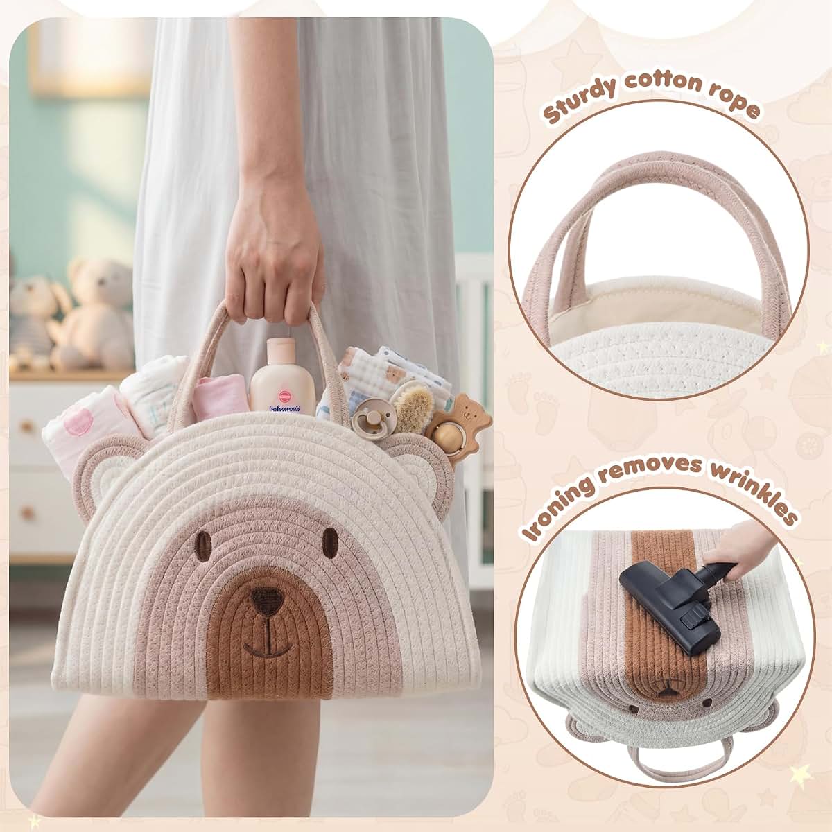 CimoroWin Large Baby Diaper Caddy Organizer, Bear Cotton Rope Storage Basket