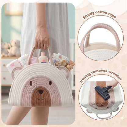 CimoroWin Large Baby Diaper Caddy Organizer, Bear Cotton Rope Storage Basket