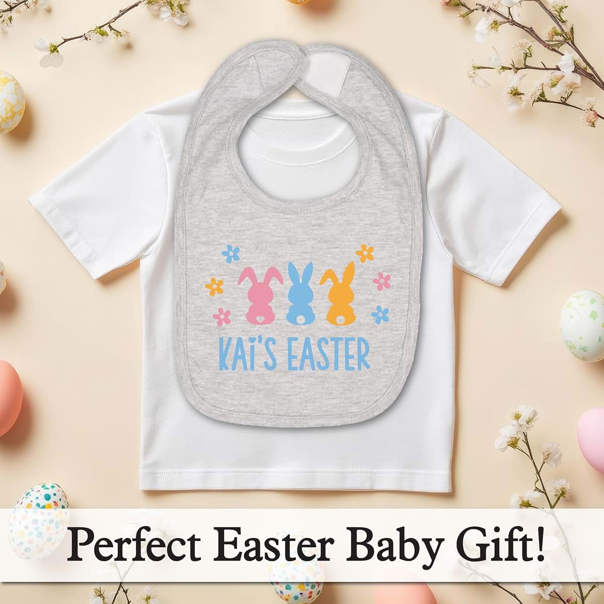 Smiling Jindo Personalized Easter Baby Bib with Pastel Bunny Trio (photo 3)