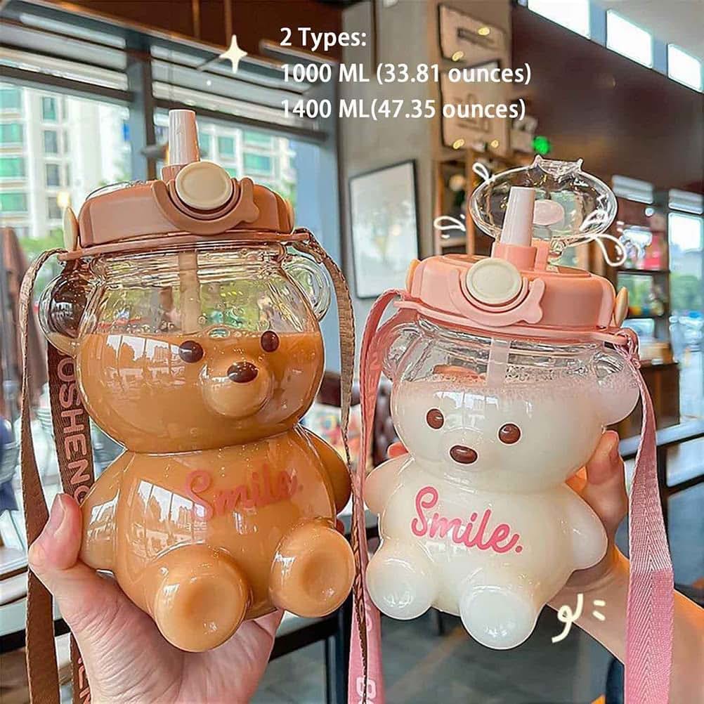 Osuner Kawaii Bear Straw Water Bottle with Adjustable Strap and Phone Holder (photo 2)