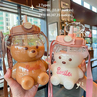 Osuner Kawaii Bear Straw Water Bottle with Adjustable Strap and Phone Holder (photo 2)