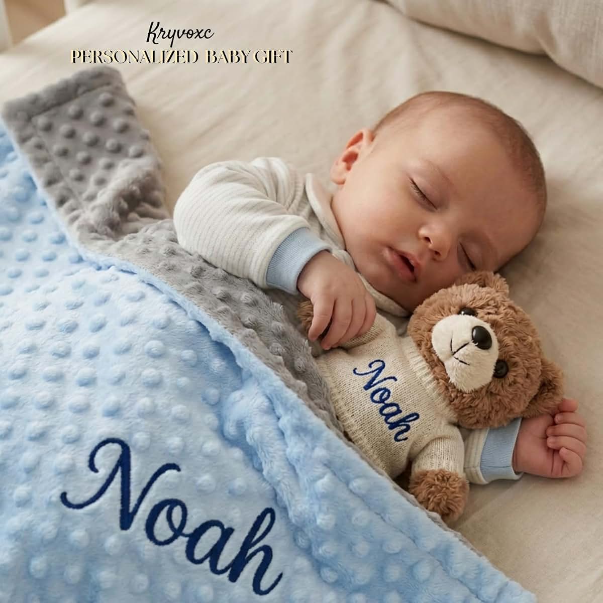 Kryvoxc Personalized Baby Blanket and Teddy Bear,Custom Boy Gifts Set (photo 2)