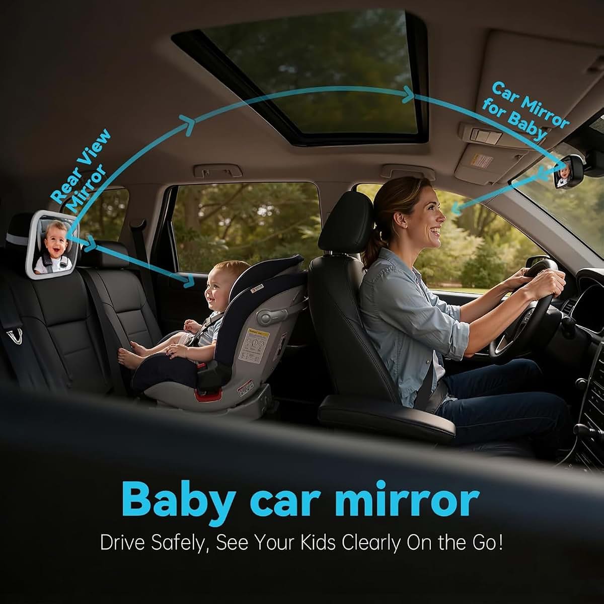 BeeChip Baby Car Mirror, Voice Control Light, Wide View