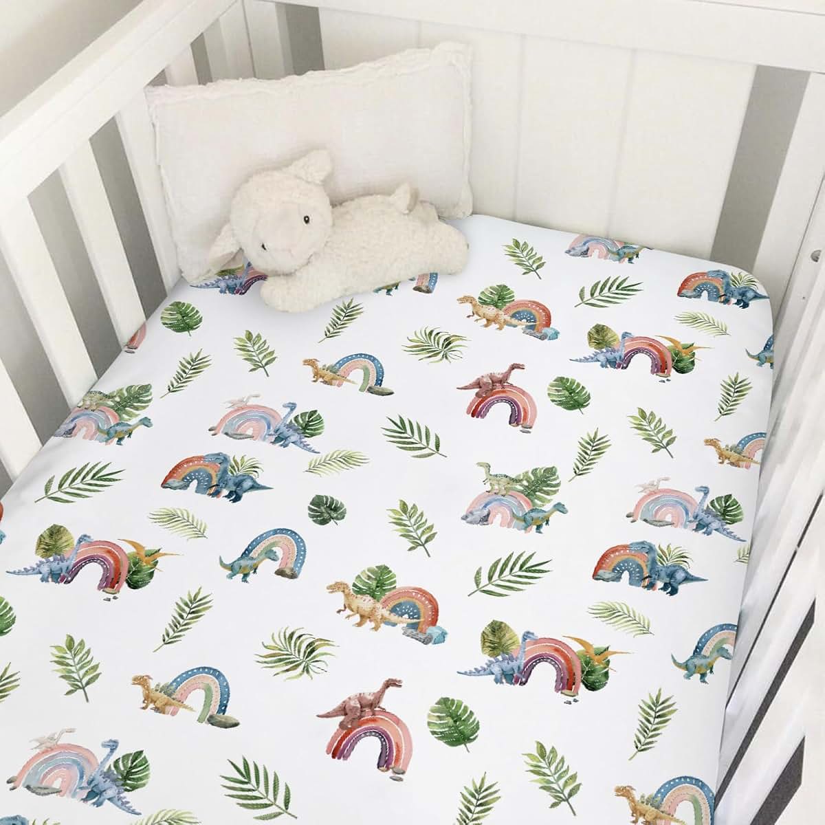 Hwmmbh Colorful Dinosaurs Rainbow Tropical Leaves Baby Crib Sheet, 52''x28'' Stretch Fitted