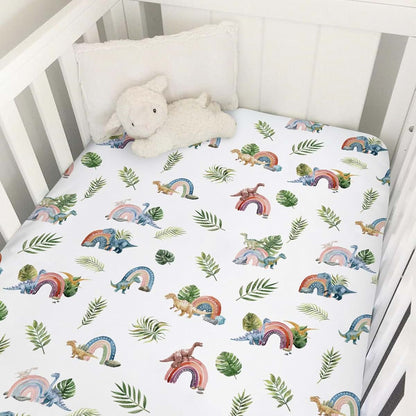 Hwmmbh Colorful Dinosaurs Rainbow Tropical Leaves Baby Crib Sheet, 52''x28'' Stretch Fitted