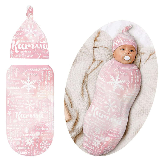 YallLocoMo Custom Custom Newborn Swaddle Blankets Hat Snowflake Name Text Sets Soft Baby Receiving Blanket Swaddle Sack