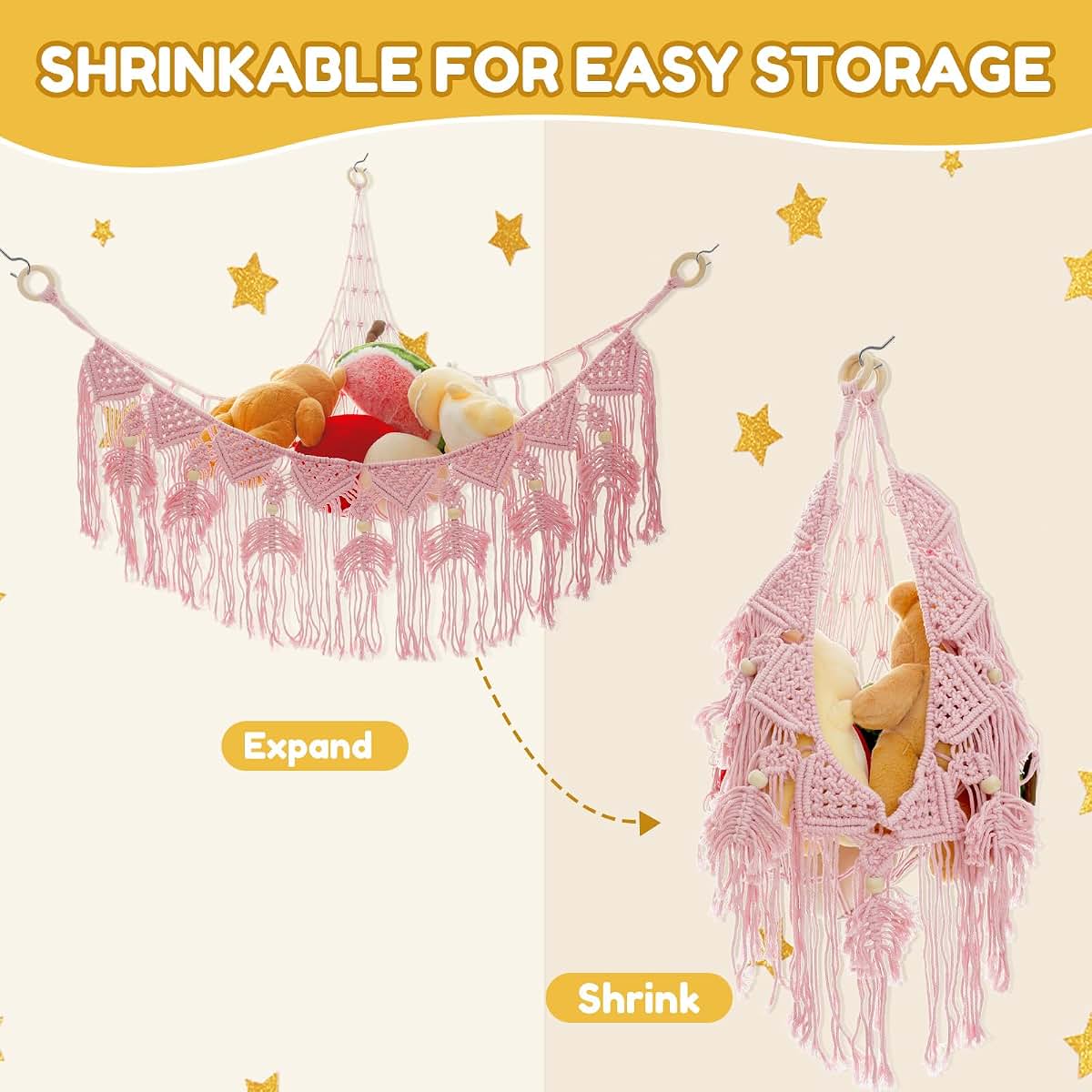 Stuffed Animal Hammock Corner Organizer, Cotton Rope Mesh Net for Nursery, 39.4in Pink