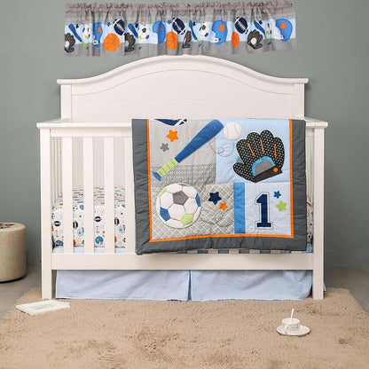CribMATE 4 PCs Blue Sports Themed Nursery Crib Bedding Set Quilt, Fitted Sheet, Skirt, Window Valance Baby Boy Baseball