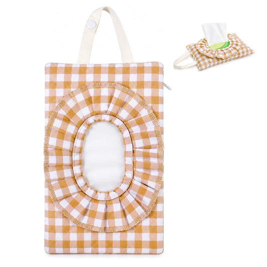 Susade Quilted Baby Wipe Holder In Khaki Checkered Ruffle Gingham