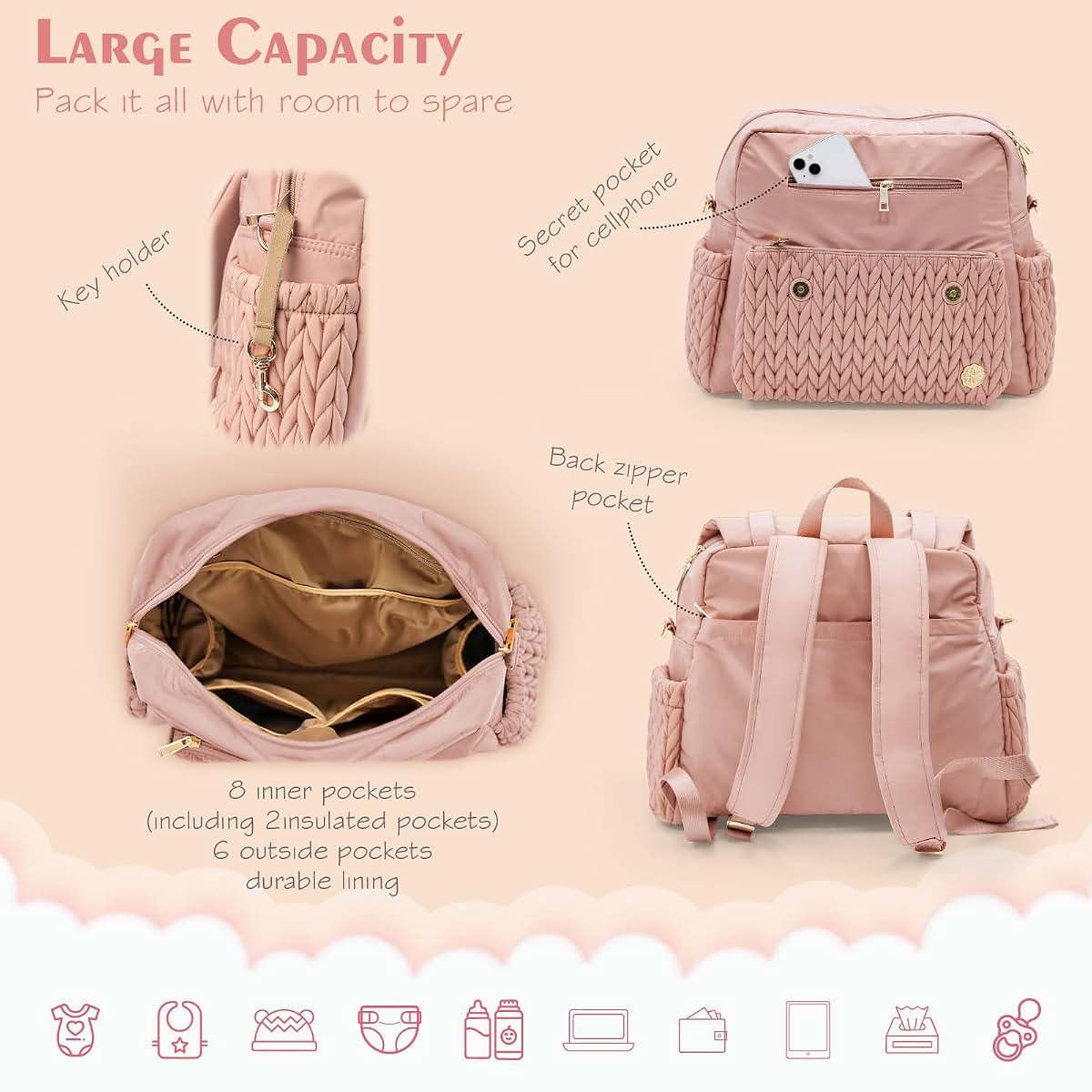 SEWBOO Diaper Bag BackPack Large Capacity Travel Mommy Bag Waterproof and Stylish with Changing Pad Baby Bag for Women (photo 2)