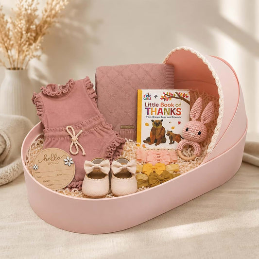 Beyond The Box New Baby Girl Gift Basket Set In Bassinet-Shaped Box