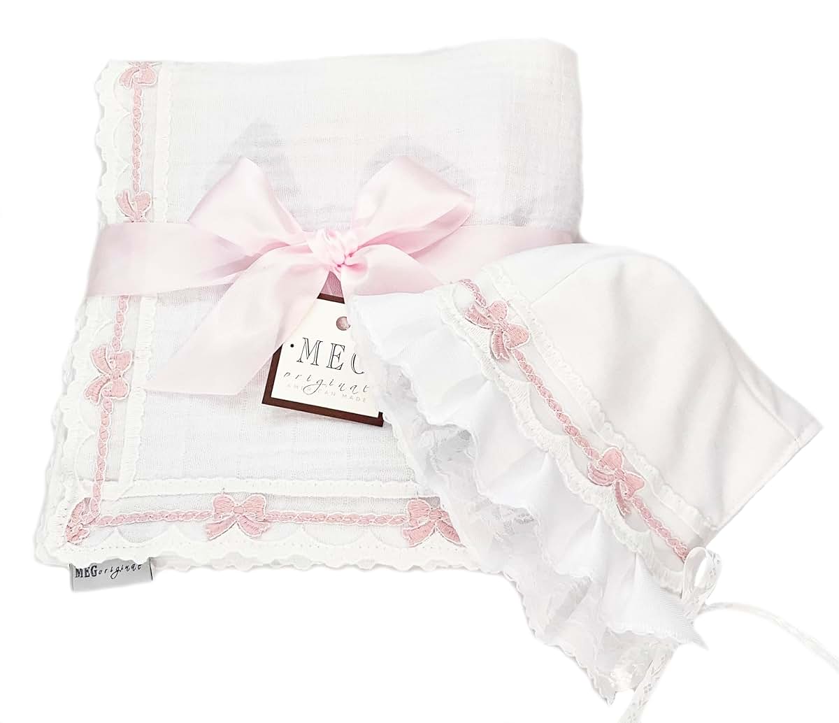 MEG ORIGINAL Baby Girl Blanket & Bonnet Gift Set- Heirloom Collection - White with Pink Bows, Handmade in The USA