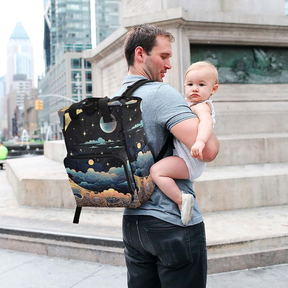 ZENWAWA Art Moon Cloud Diaper Backpack with Insulated Bottle Insert and Stroller Straps