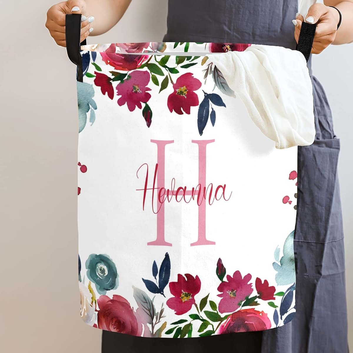 Puercha Personalized Baby Laundry Basket with Flower Custom Nursery Hamper with Names for Girl Foldable Storage (photo 3)