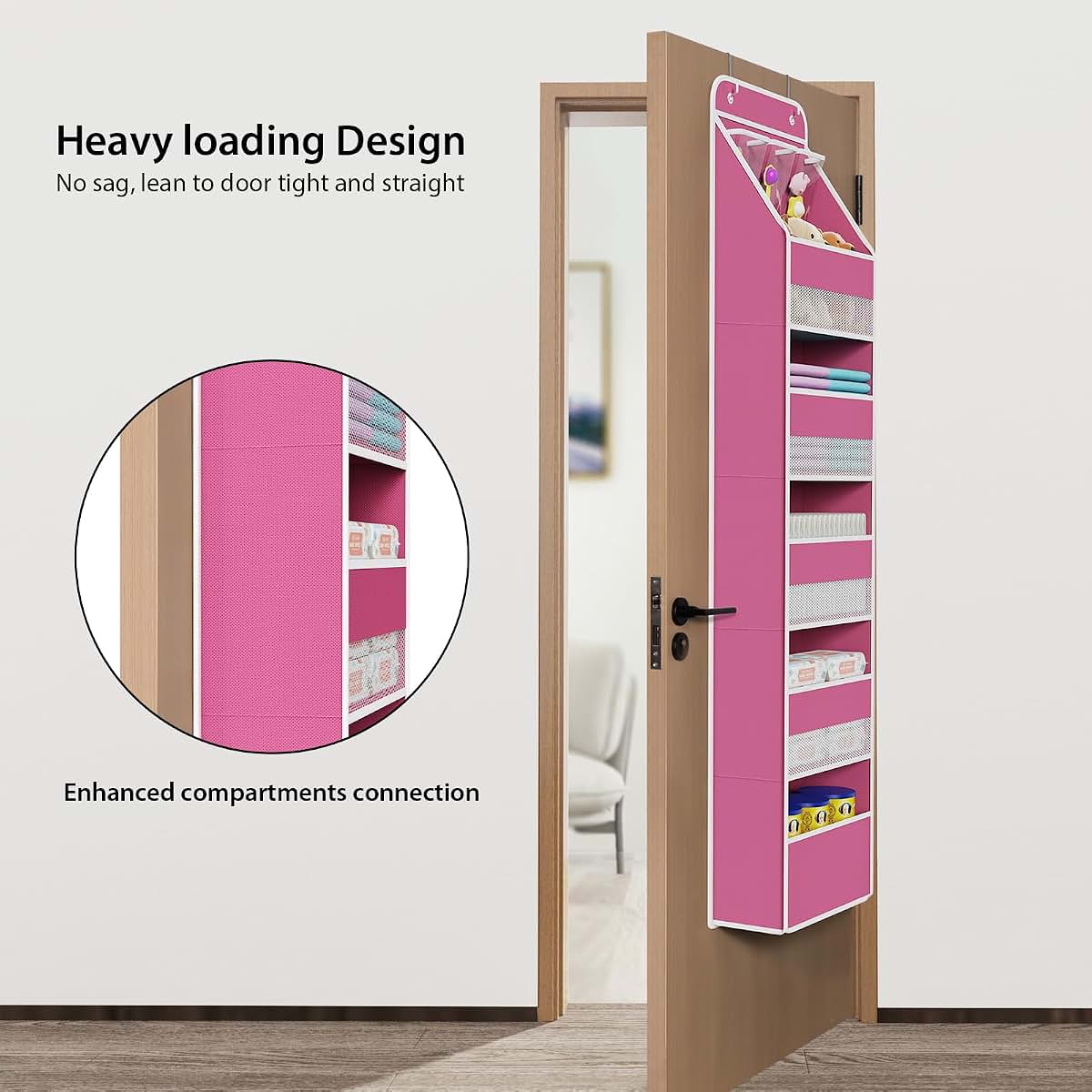 Univivi Fabric Over Door Hanging Organizer, Pink, 6-Shelf, 8 Pockets