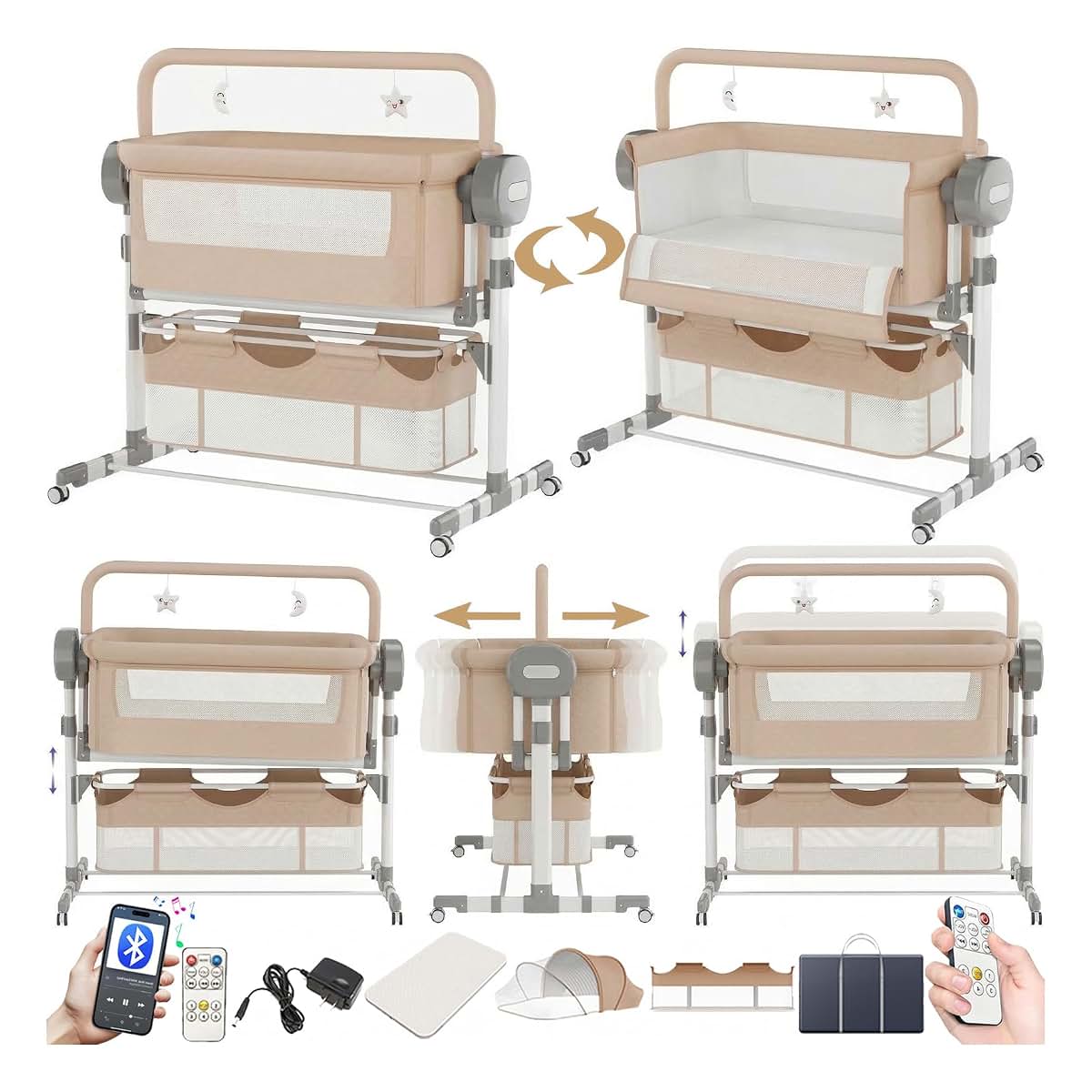 Reenborn Electric Bluetooth Smart Bassinet for Co-Sleeping, Foldable Baby Bedside Crib Sleeper, Convertible Bedside