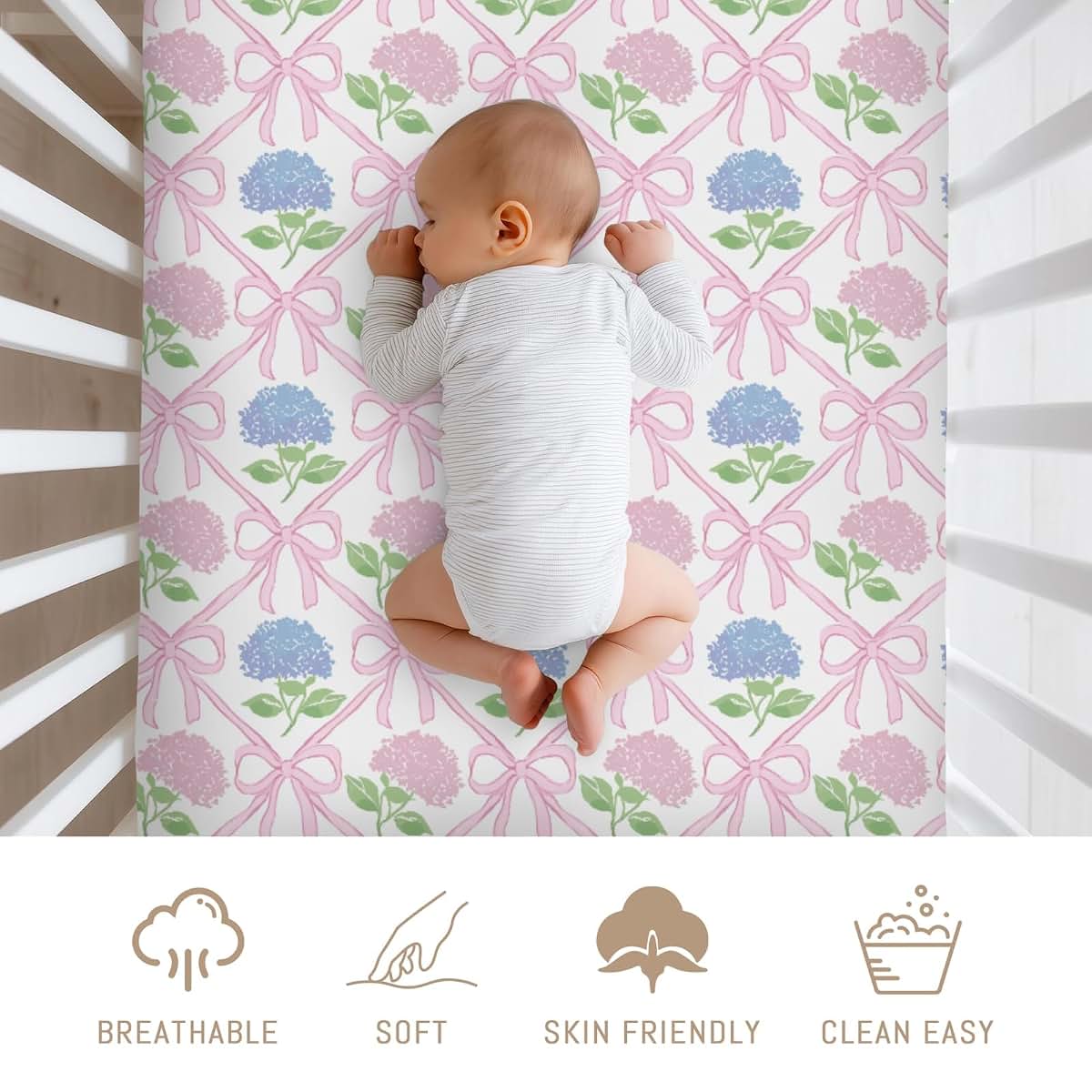 Selgkds Blue Pink Hydrangea Bows Fitted Crib Sheet (photo 3)