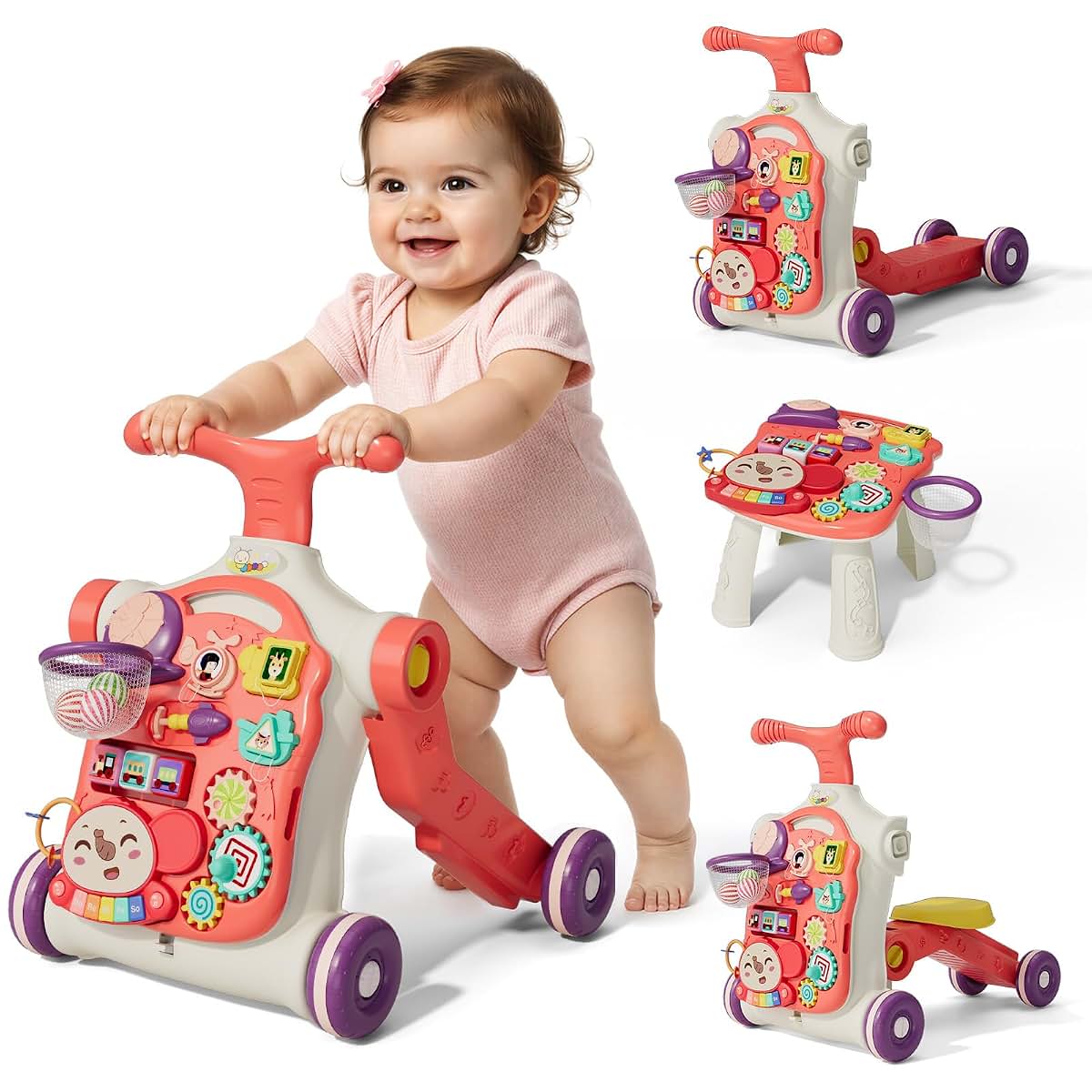QDRAGON 5 in 1 Push Walker for Toddler Girl, Red