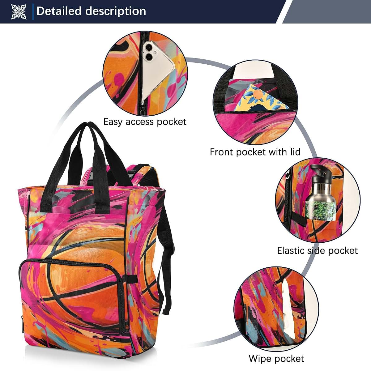 Linnikeee Watercolor Pink Basketball Diaper Backpack With Insulated Bottle Holders (photo 3)