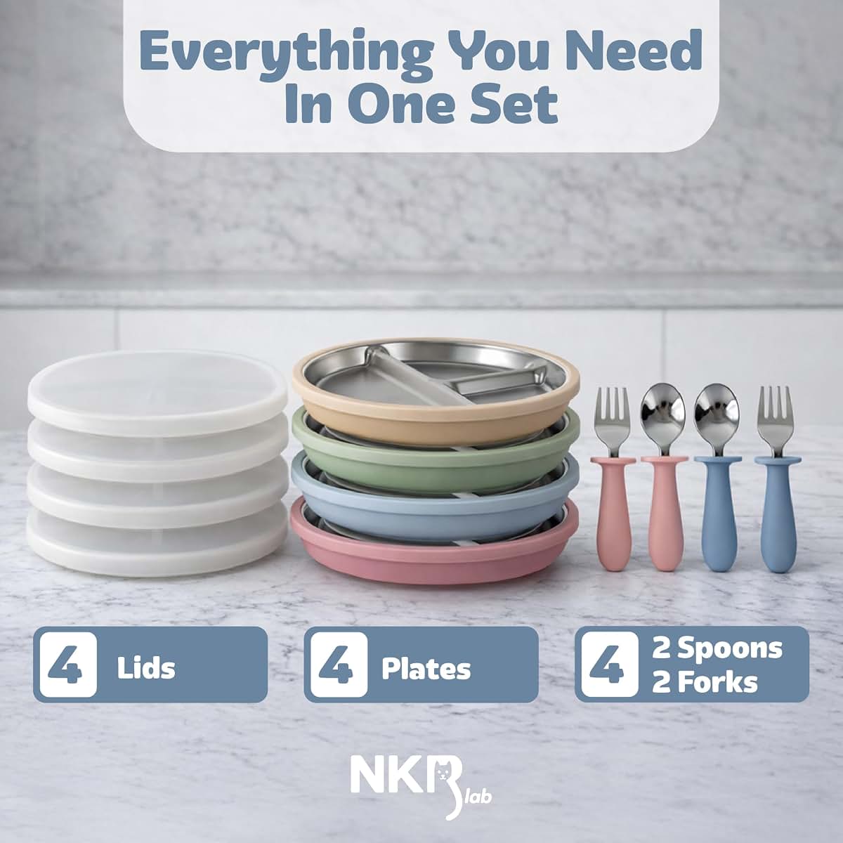 NKR lab Stainless Steel Baby Plates with Suction, 4-Pack Divided Set (photo 2)