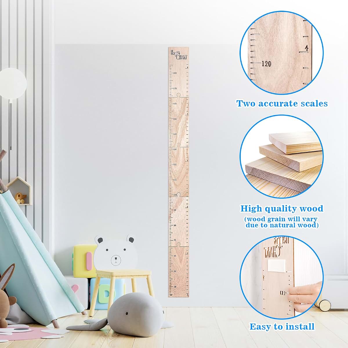 Wooden Kids Growth Height Chart with Dual Scale Measurement