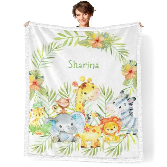 NZOOHY Safari Animals Wreath Personalized Sherpa Fleece Baby Blankets for Boys Girls,Soft Newborn Naps Custom Name