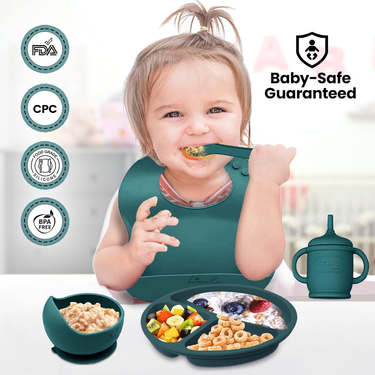 LimeOr Supplies Silicone Baby Feeding Set, 14PCS, Baby plates and bowls Set - Silicone Bibs (photo 4)