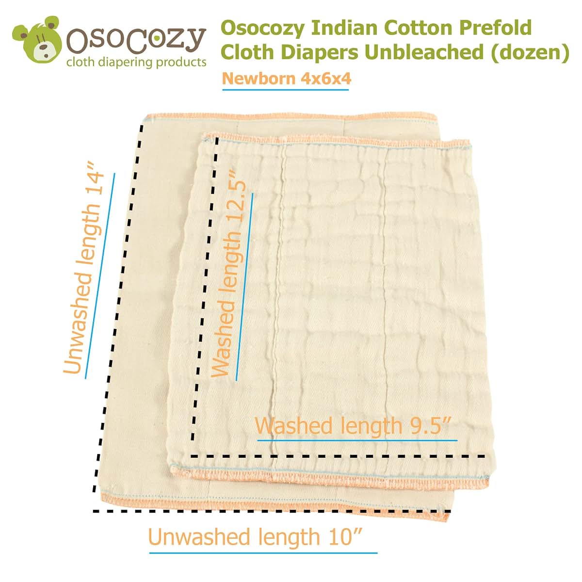 OsoCozy Unbleached Prefold Cloth Diapers | 100% Cotton Nappies