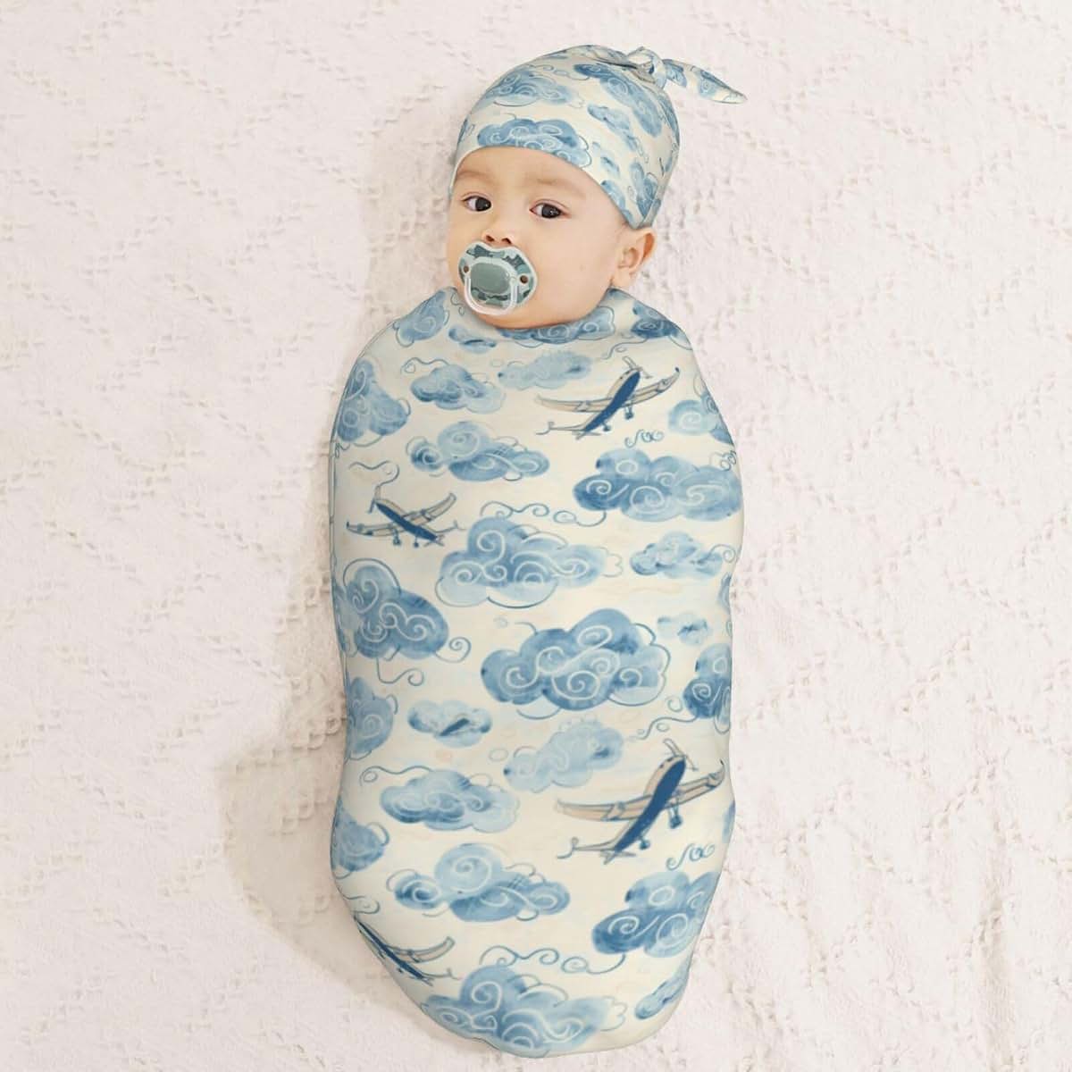 Muishi Hand Drawn Blue Airplanes Newborn Swaddle Blanket And Hat Set