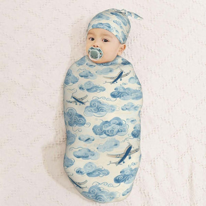 Muishi Hand Drawn Blue Airplanes Newborn Swaddle Blanket And Hat Set