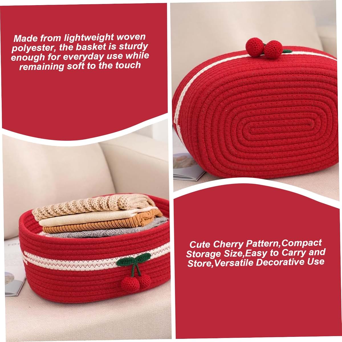 AwnsIMfreien Toy Baskets Storage Kids, Organizer Baskets 12x8in Rectangle Cozy Woven Cherry Cute Basket Stackable Small (photo 4)