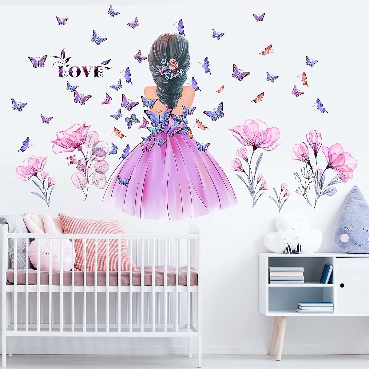 Butterfly Girl Wall Stickers - Pink Floral Decal for Nursery Decor