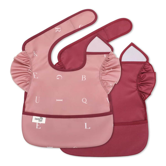 BebeBiu 2 Pack Baby Bibs for Eating, Lightweight Baby Feeding Bibs for Baby Girls & Boys (Alphabet Rose, Small)