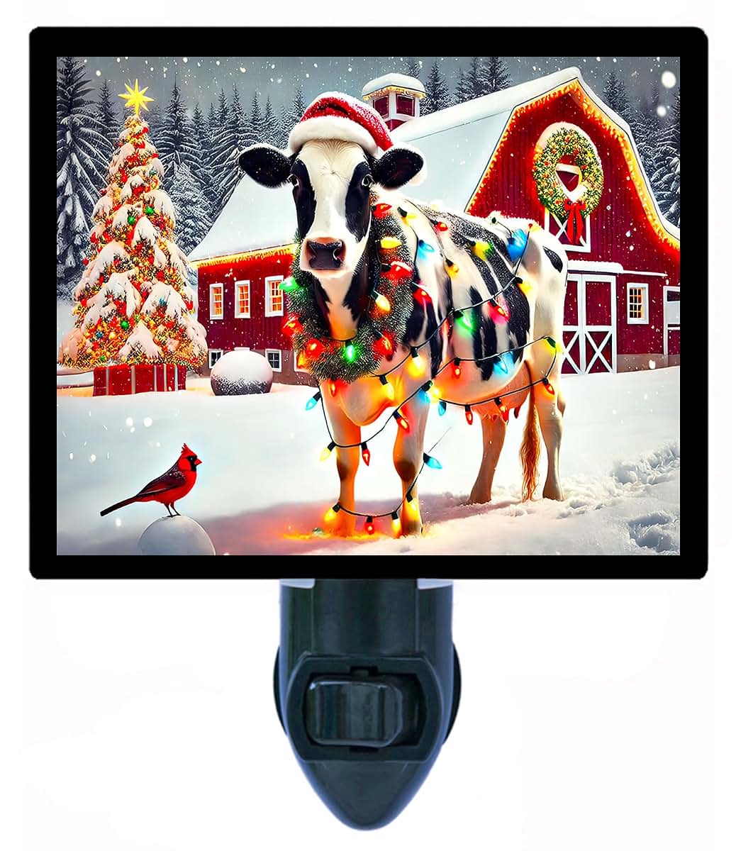 Night Light Designs LED Night Light, Barnyard Glow – Christmas Cow Design, Fully Enclosed, Rotating Plug, Glass Front