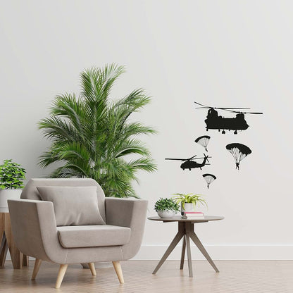 All Things Valuable Helicopter Parachute Military Swat Team Army Men Soldier Wall Sticker Art Decal for Boys Girls Room