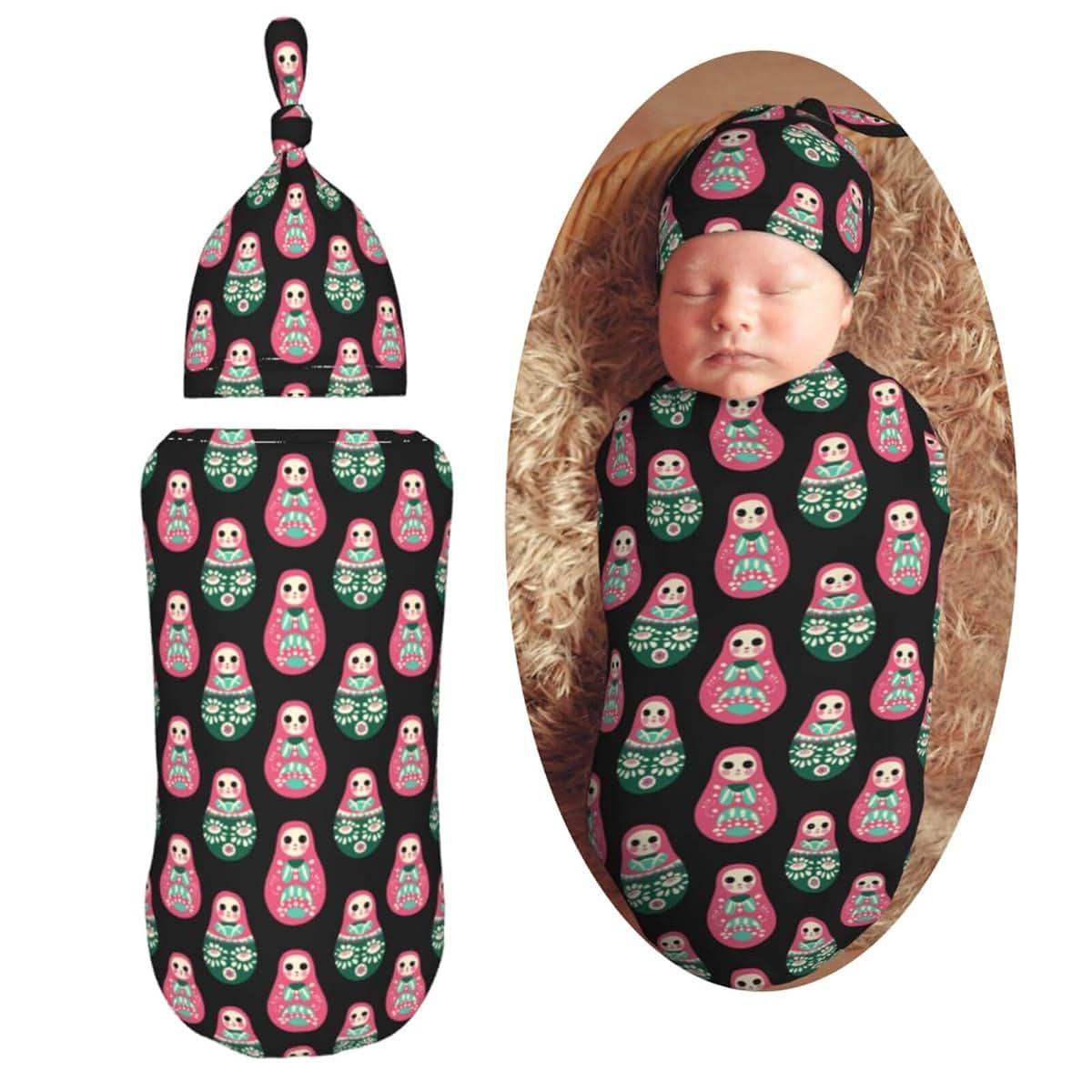 Muishi Pink Russian Dolls Swaddle Blanket and Hat Set for Newborns