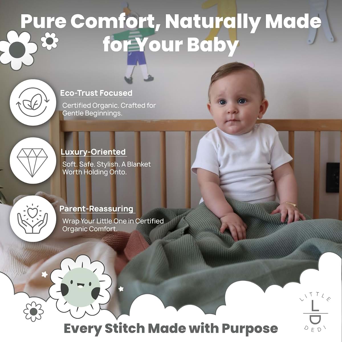 Little Dedi 100% Organic Cotton GOTS Certified Baby Knitted Blanket with Gift Box - Soft Toddler, Crib, Stroller (photo 2)