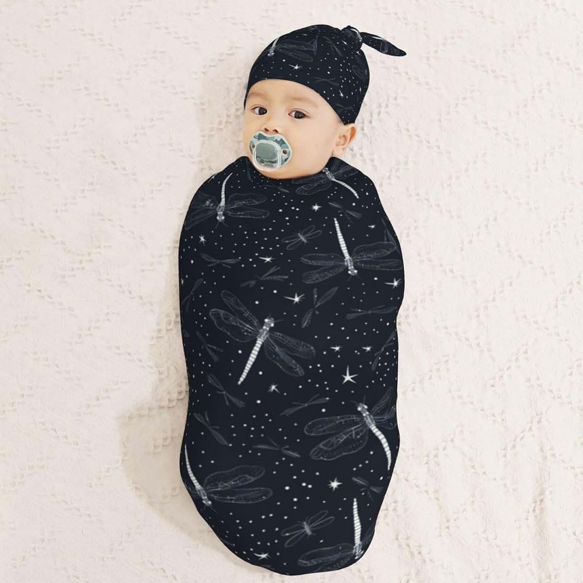 Muishi Dragonflies Swaddle Blanket and Hat Set for Newborns