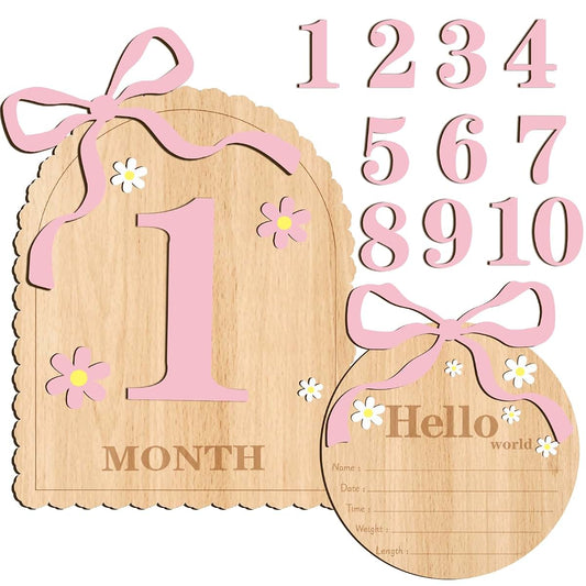 TheClover Baby Monthly Milestone Signs Wooden - Hello World Newborn Sign, Pink Bow Floral Baby Photo Props, Month