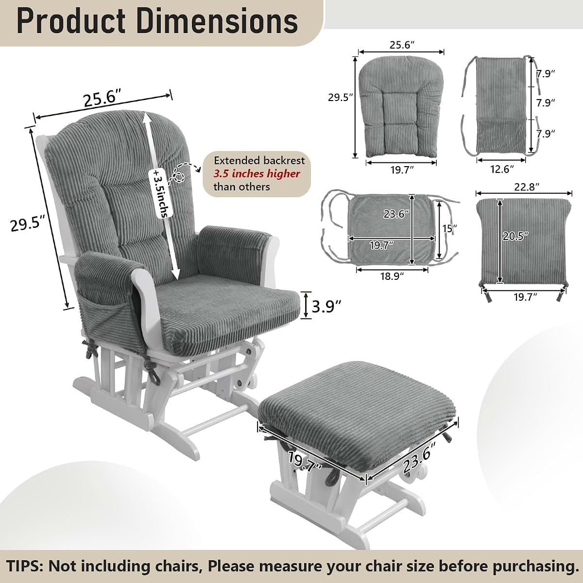 Boshen 5PCS Glider Rocker Replacement Cushions with Storage Side Pockets, Grey (photo 2)