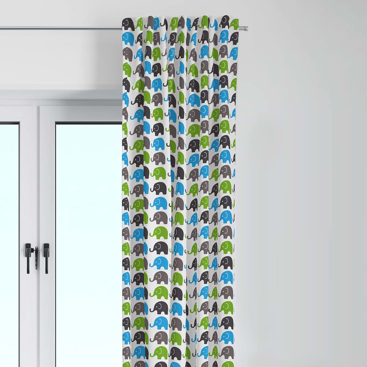 Bacati - Single Light Filtering Curtain Panel Elephants (Aqua Lime Gray)